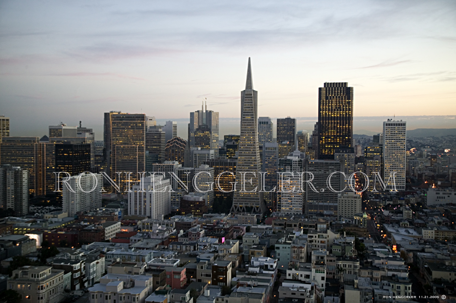 San Francisco downtown at dawn with Christmas lights